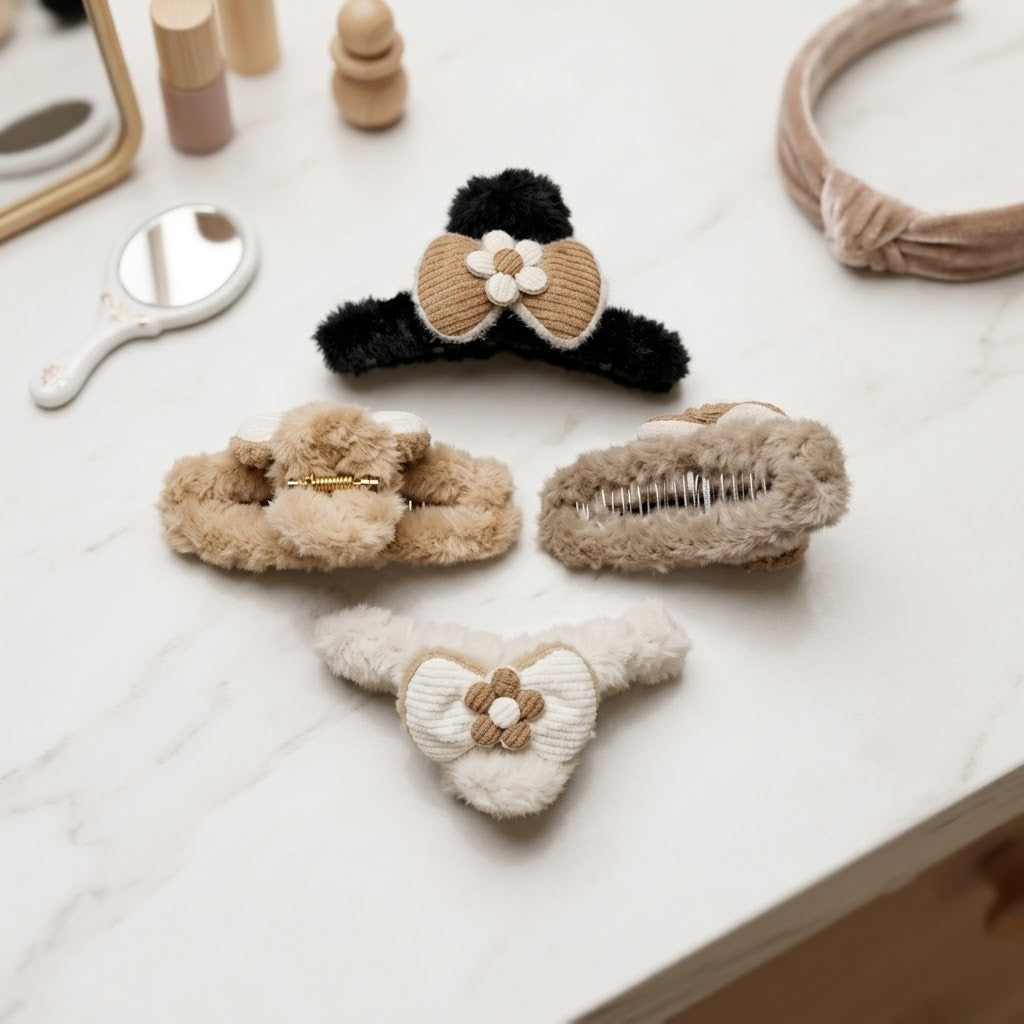 Plush and Knitted Flower Bow Hair Claw Clips
