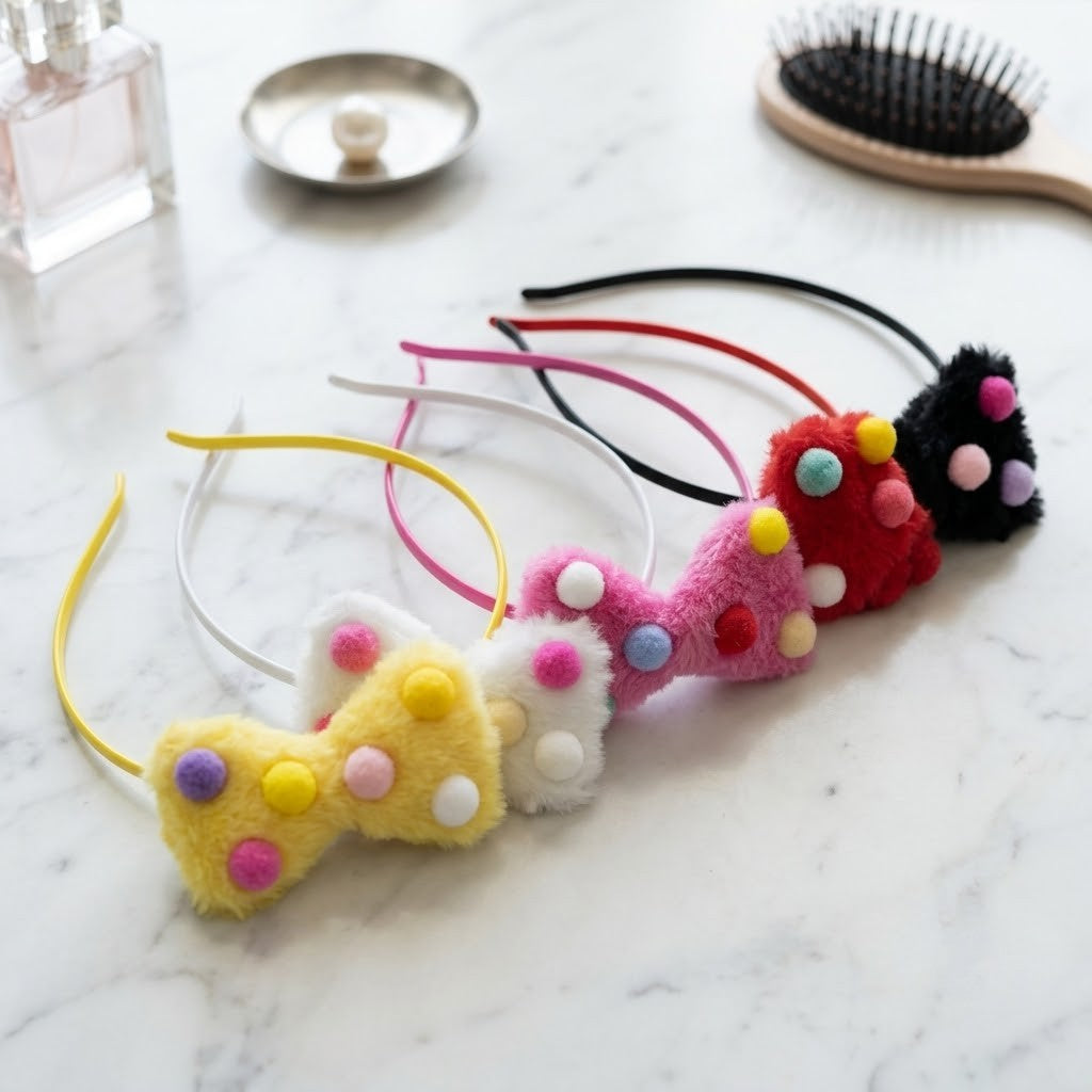 Plush Bowknot Pom-Pom Headband set